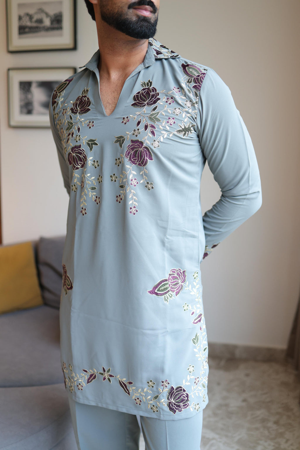 The Rivaayat Embroidered Kurta Pant Set (Slate Grey)