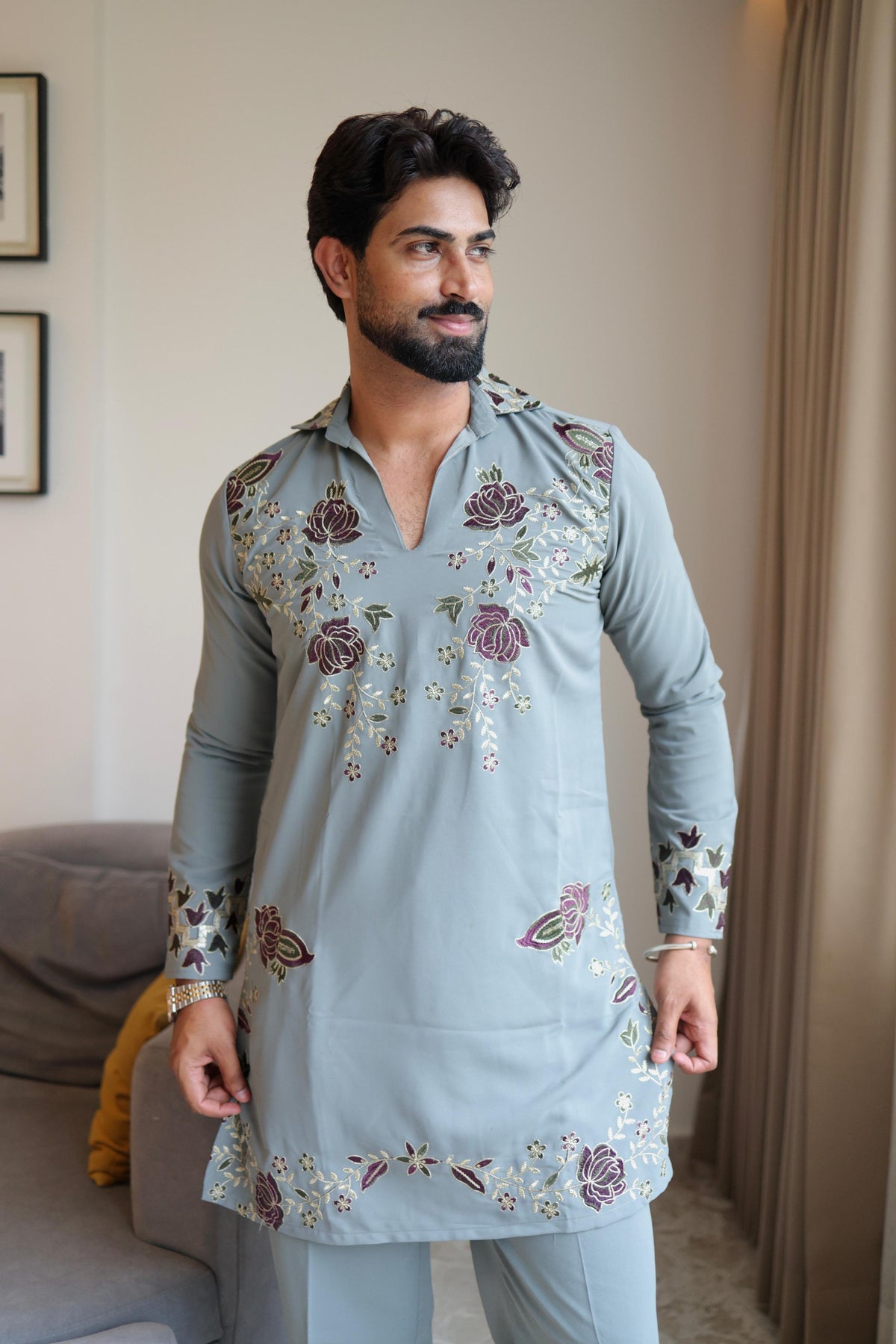 The Rivaayat Embroidered Kurta Pant Set (Slate Grey)