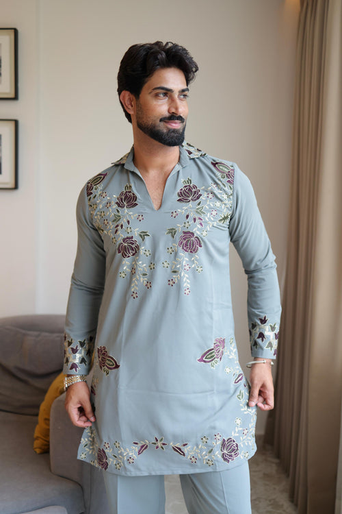 The Rivaayat Embroidered Kurta Pant Co-Ord Set (Slate Grey)