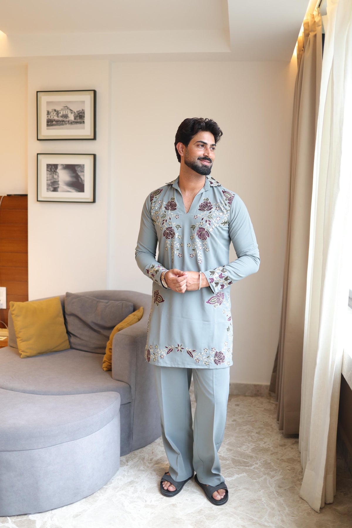 The Rivaayat Embroidered Kurta Pant Set (Slate Grey)