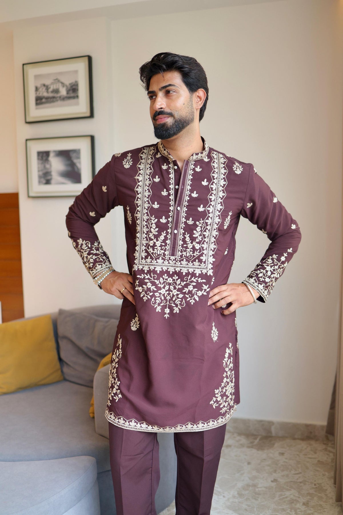 The Nazakat Embroidered Kurta with Pant Set (Deep Plum)