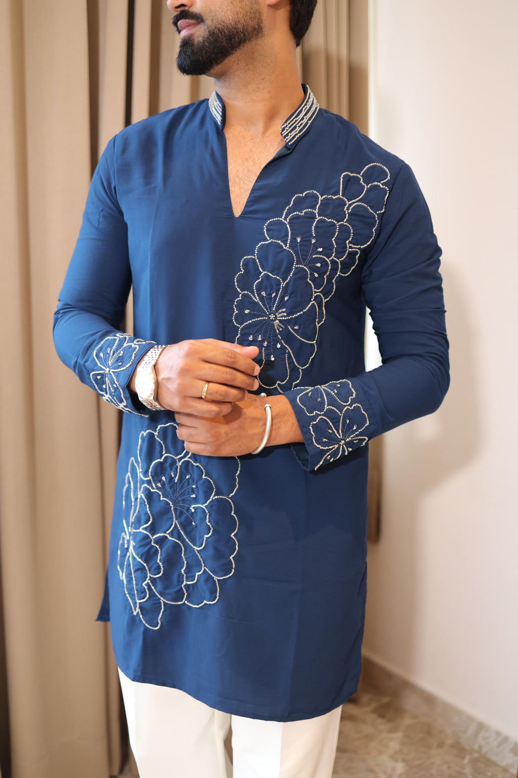 The Aarav Embroidered Kurta Set (Imperial Prussian Blue)