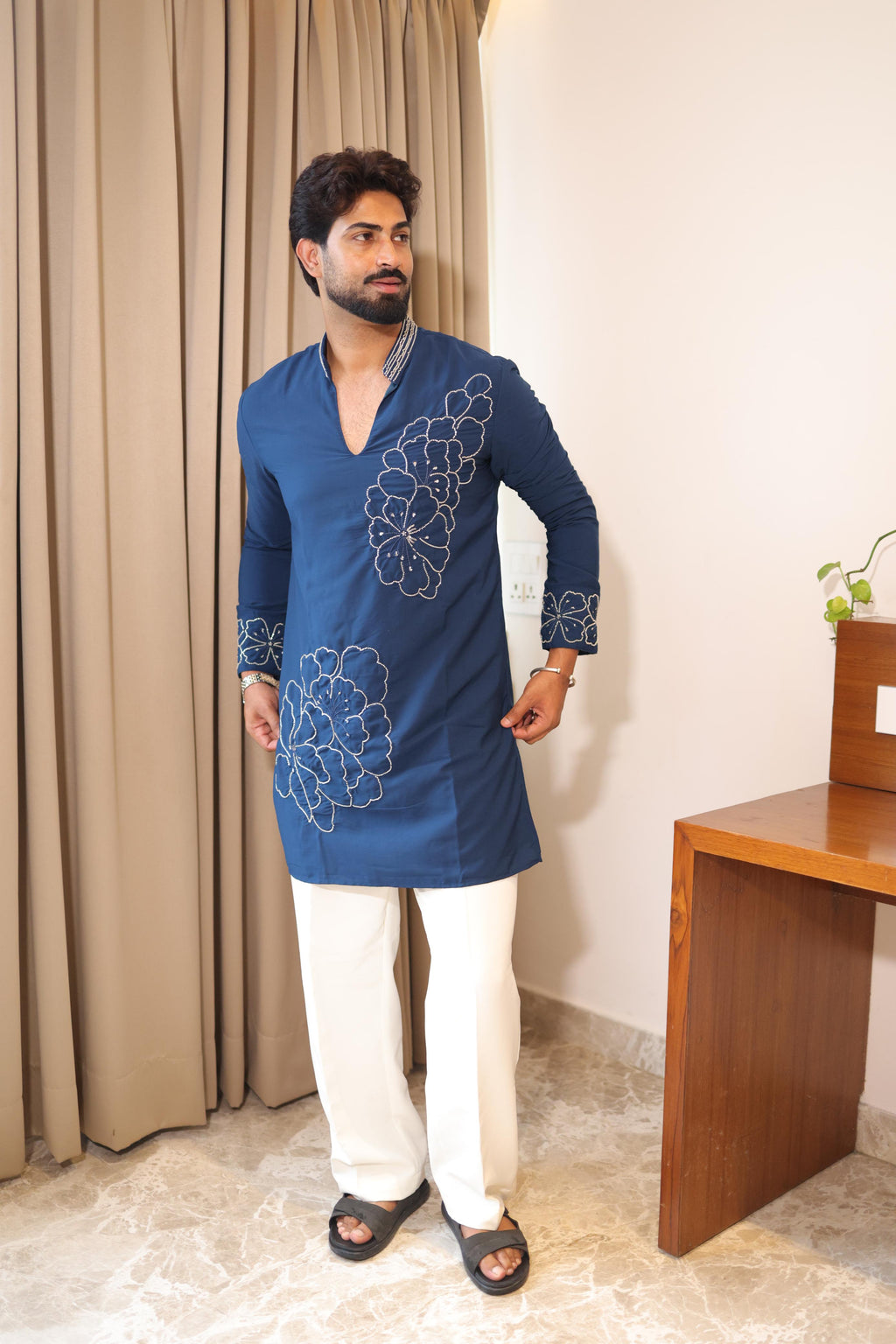 The Aarav Embroidered Kurta Set (Imperial Prussian Blue)