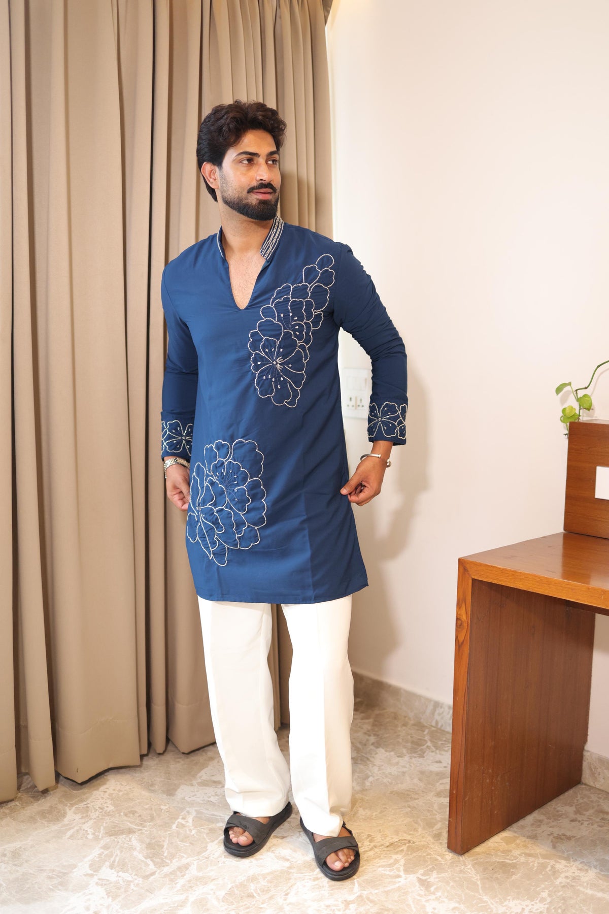 The Aarav Embroidered Kurta Set (Imperial Prussian Blue)