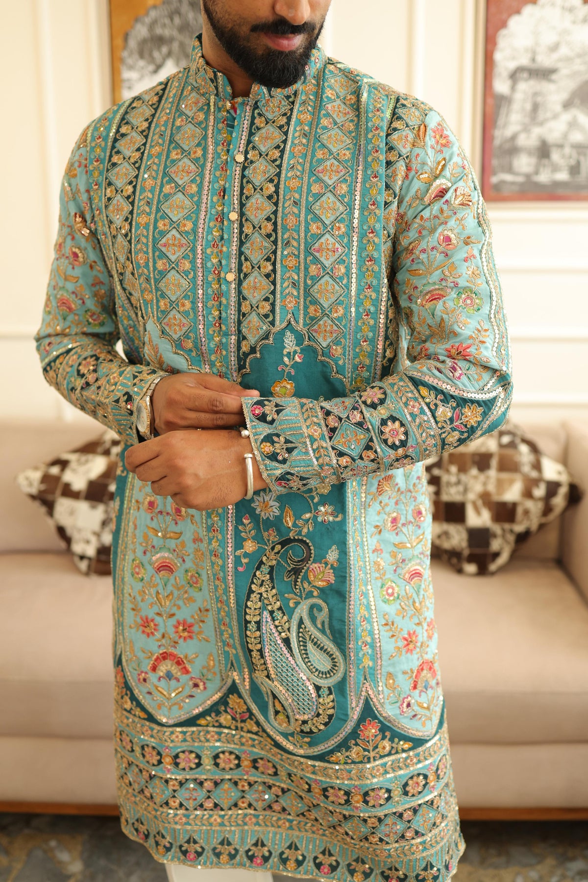 The Saltanat Embroidered Kurta Set (Teal Green)