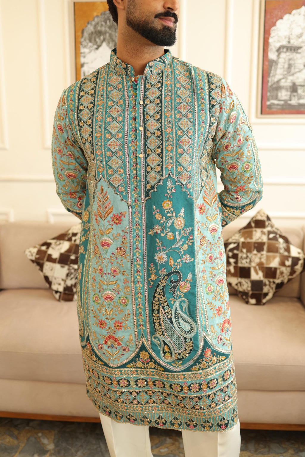 The Saltanat Embroidered Kurta Set (Teal Green)