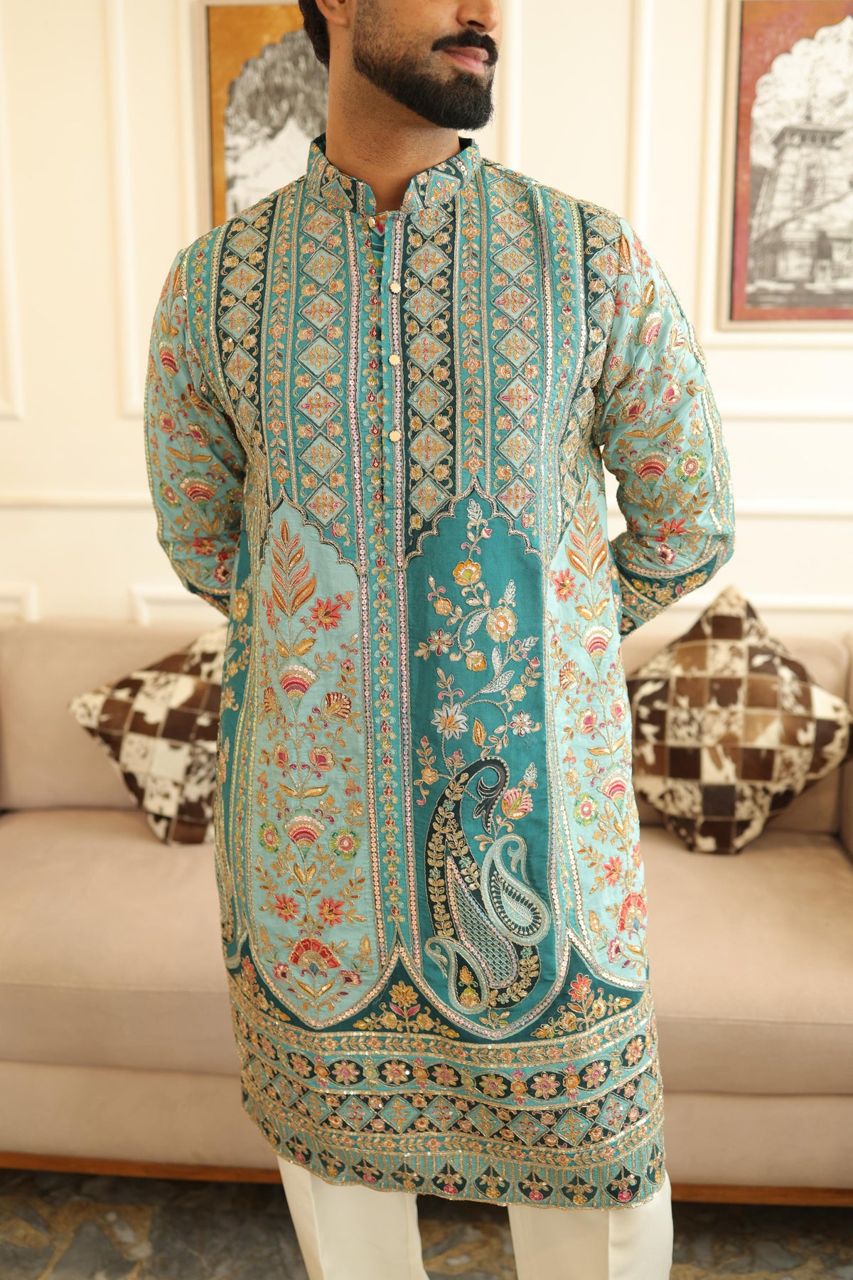 The Saltanat Embroidered Kurta Set (Teal Green)