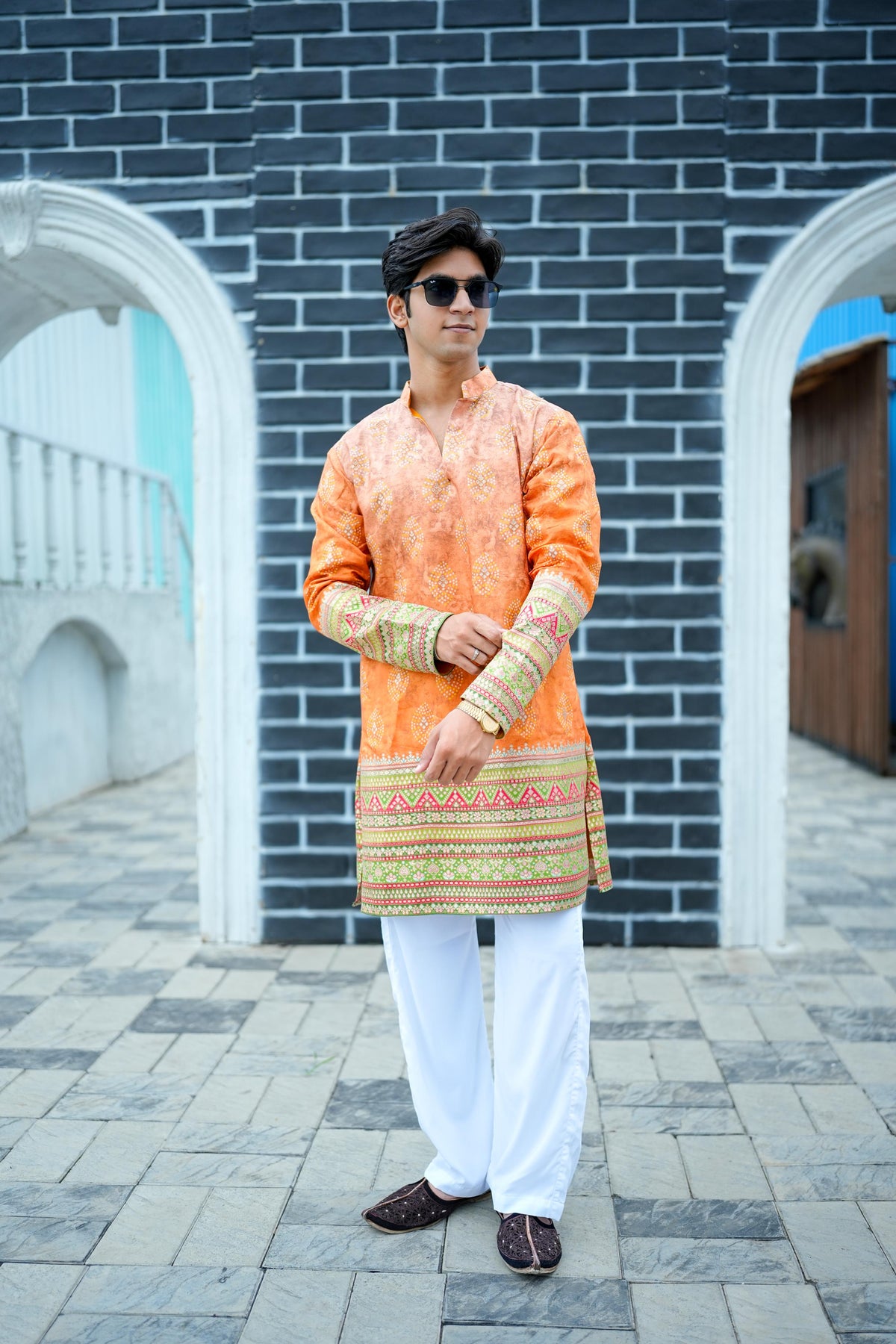 Shahi Kesari V-Neck Short Kurta