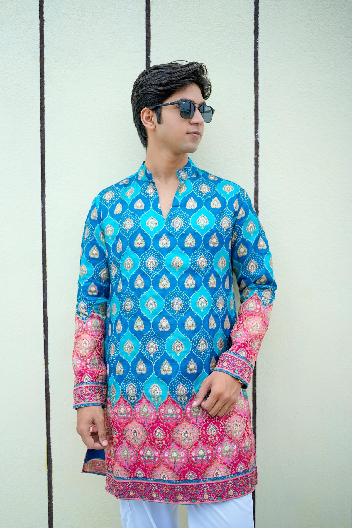 Royal Blue Bandhani V-Neck Short Kurta
