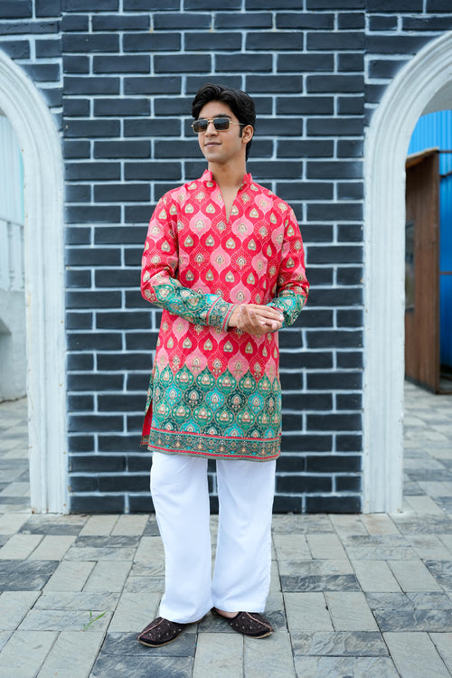 Red Bandhani V-Neck Short Kurta.