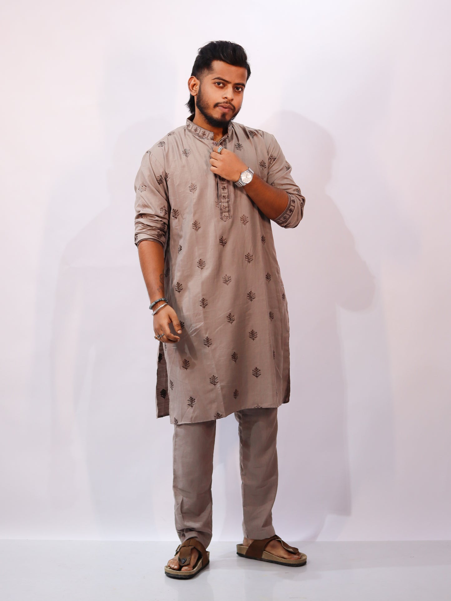 Dusky Brown Butta Embroidered Pure Cotton Kurta Set