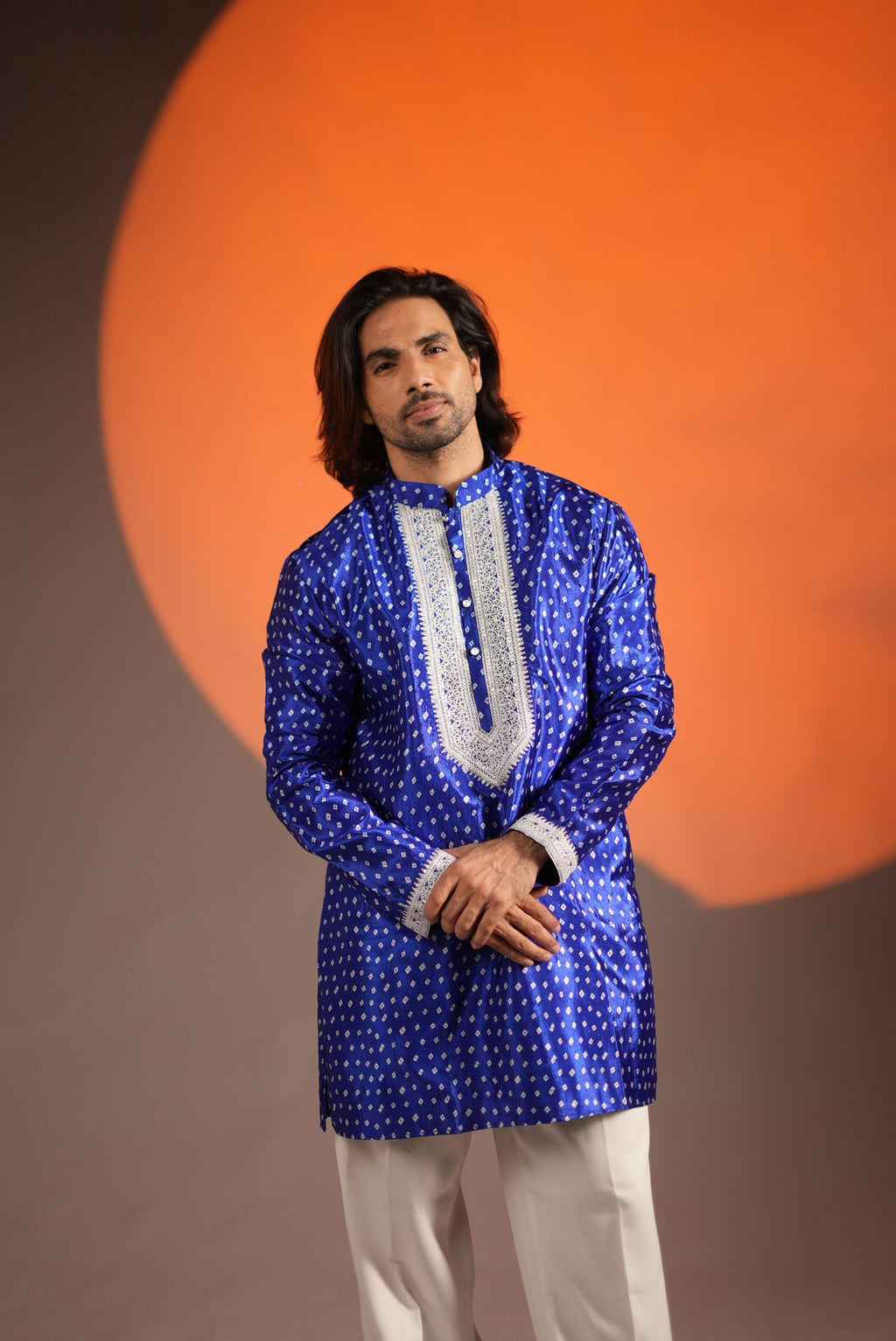 The Darbari Embroidered Neck, Printed Bandhani Kurta Set (Royal Blue)