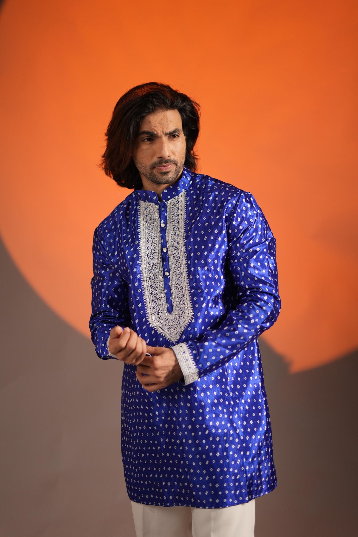 The Darbari Embroidered Neck, Printed Bandhani Kurta Set (Royal Blue)