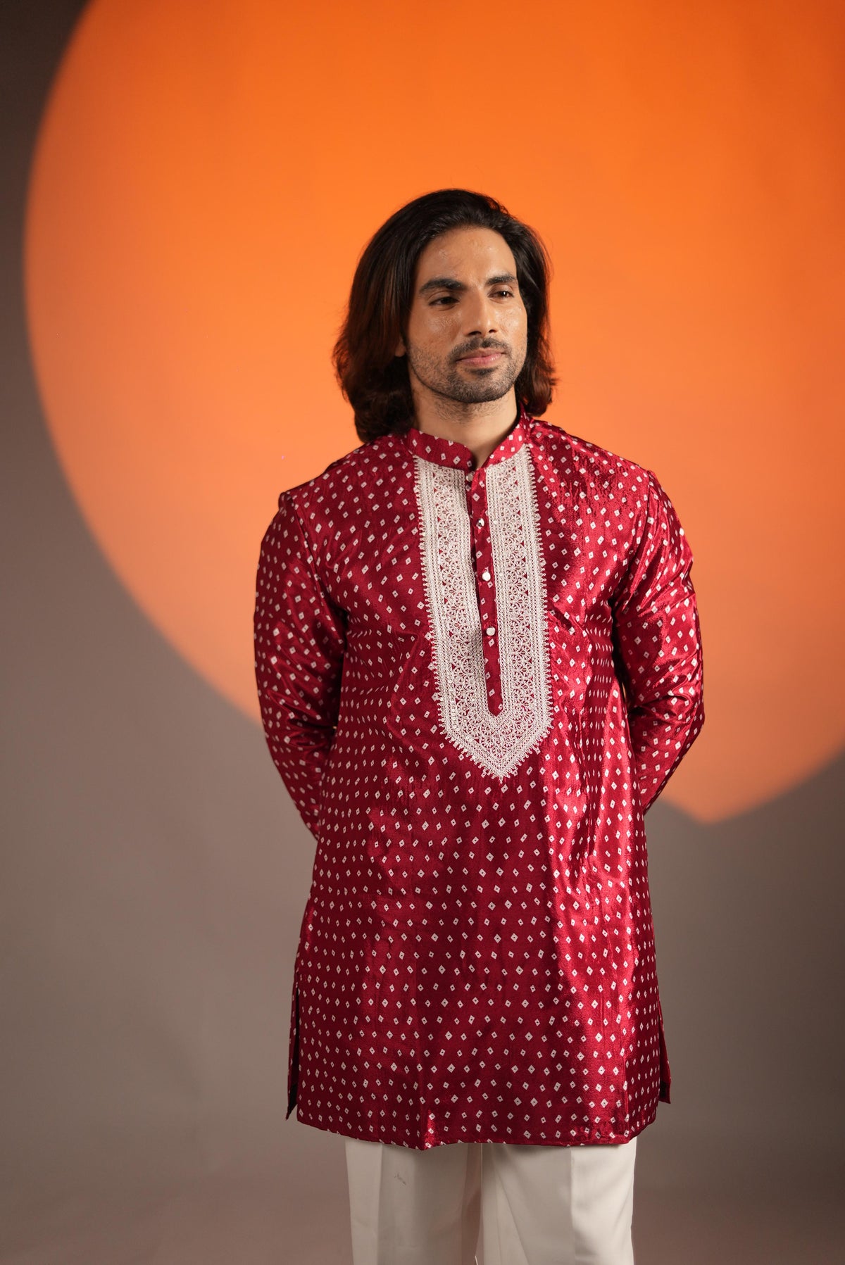 The Darbari Embroidered Neck, Printed Bandhani Kurta Set (Red)