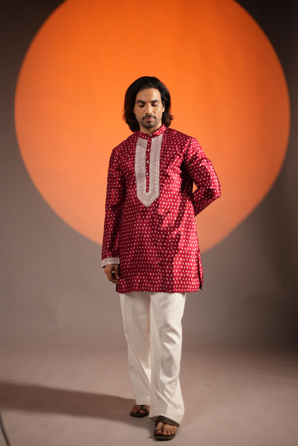 The Darbari Embroidered Neck, Printed Bandhani Kurta Set (Red)