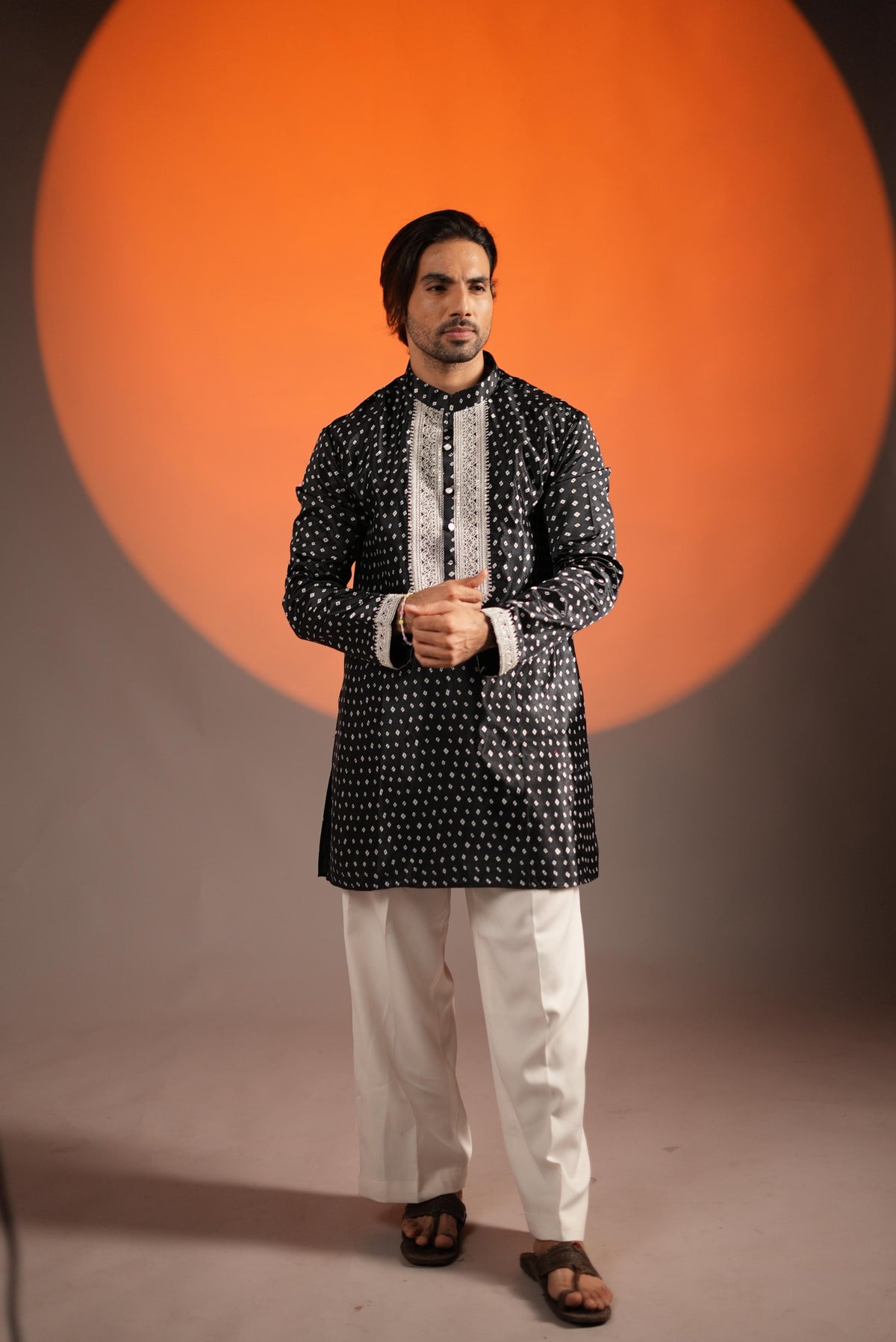 The Darbari Embroidered Neck, Printed Bandhani Kurta Set (Black)