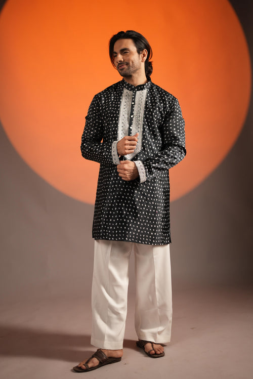 The Darbari Embroidered Neck, Printed Bandhani Kurta Set (Black)