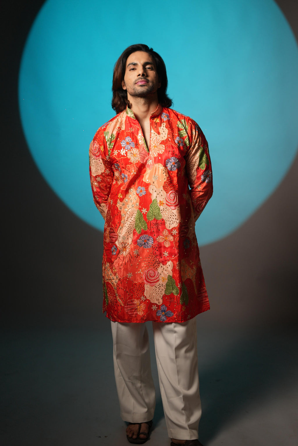 The Vedant Embroidered Kurta (Vermilion Crimson)