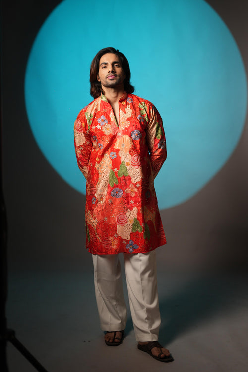 The Vedant Embroidered Kurta (Vermilion Crimson)