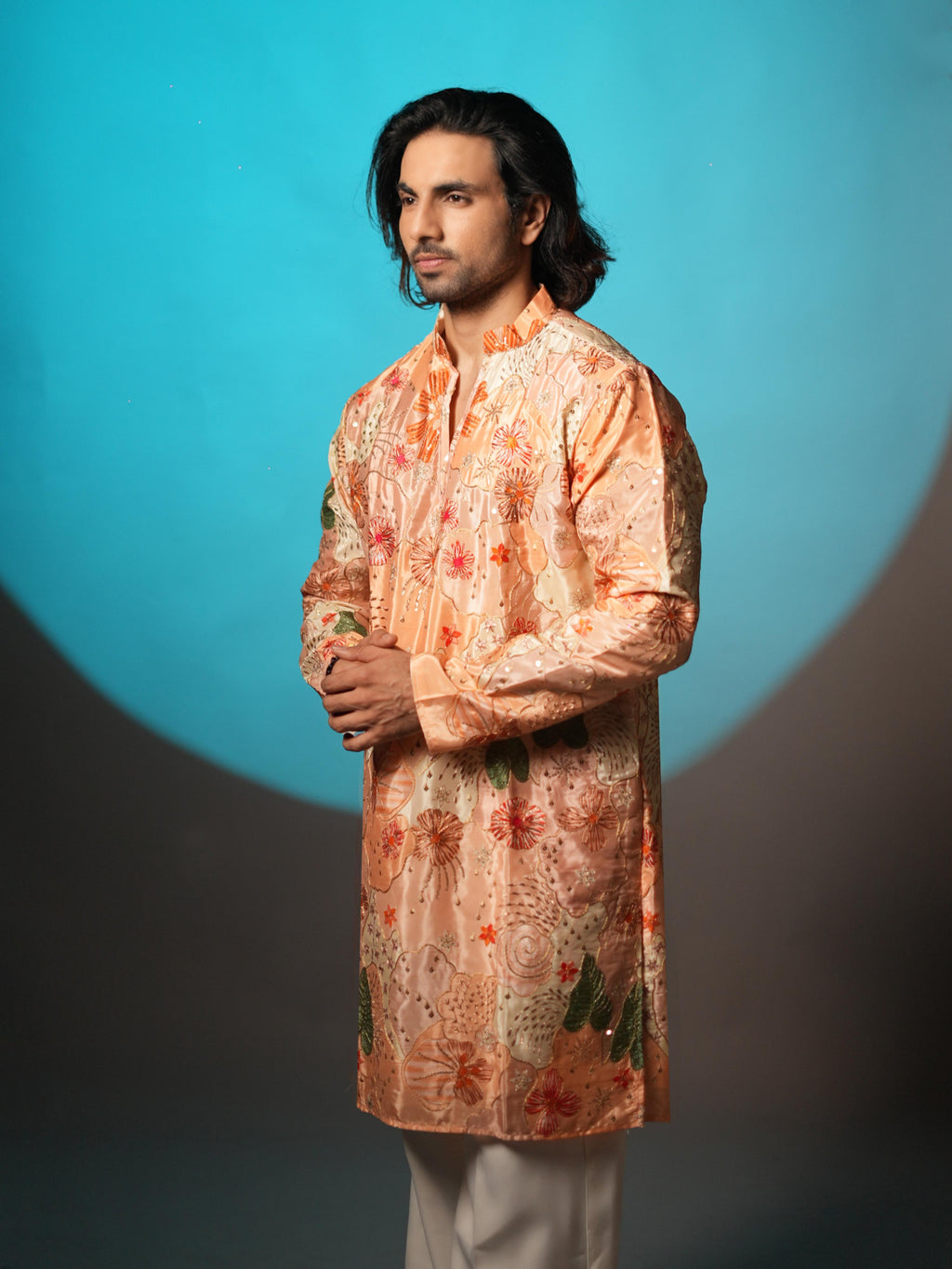 The Vedant Embroidered Kurta Set(Sunlit Peach)