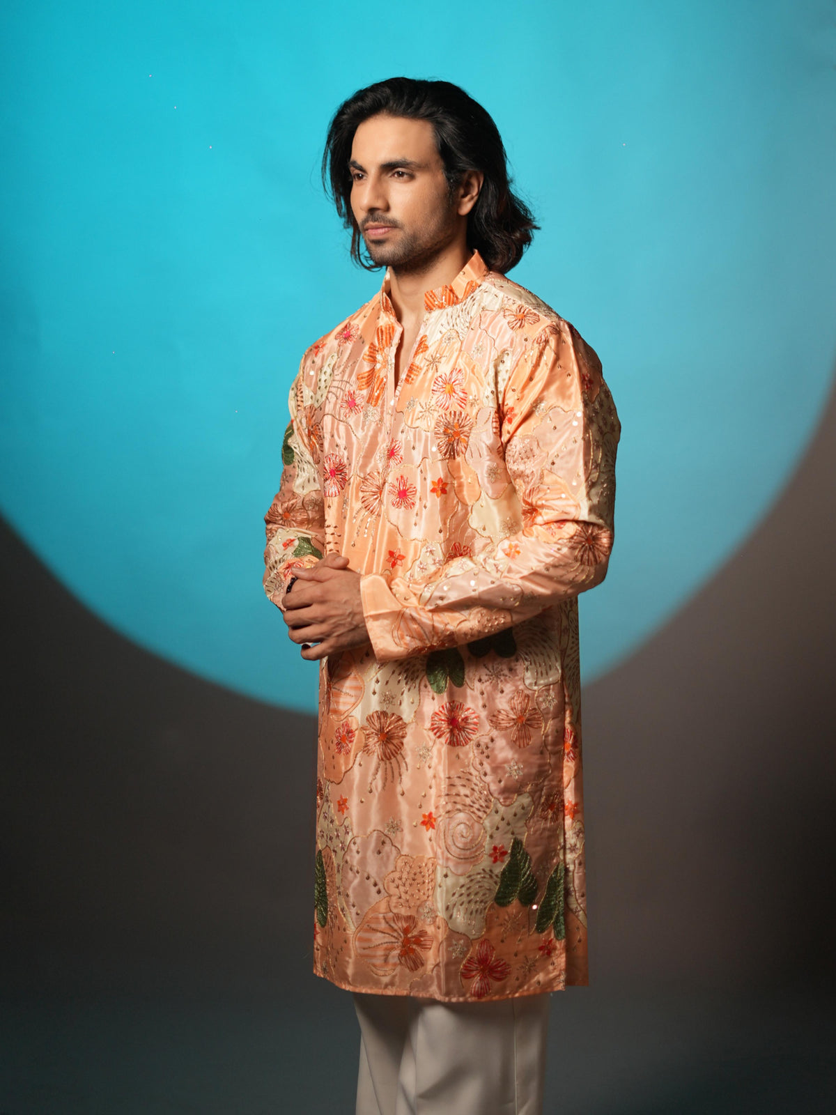 The Vedant Embroidered Kurta (Sunlit Peach)