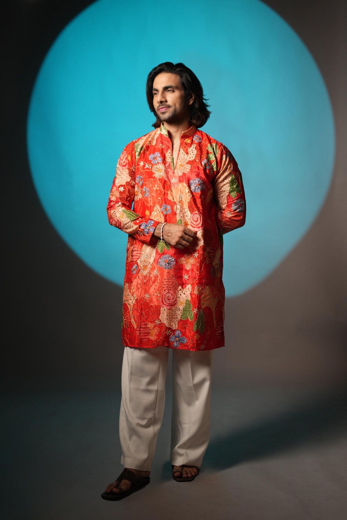 The Vedant Embroidered Kurta (Vermilion Crimson)