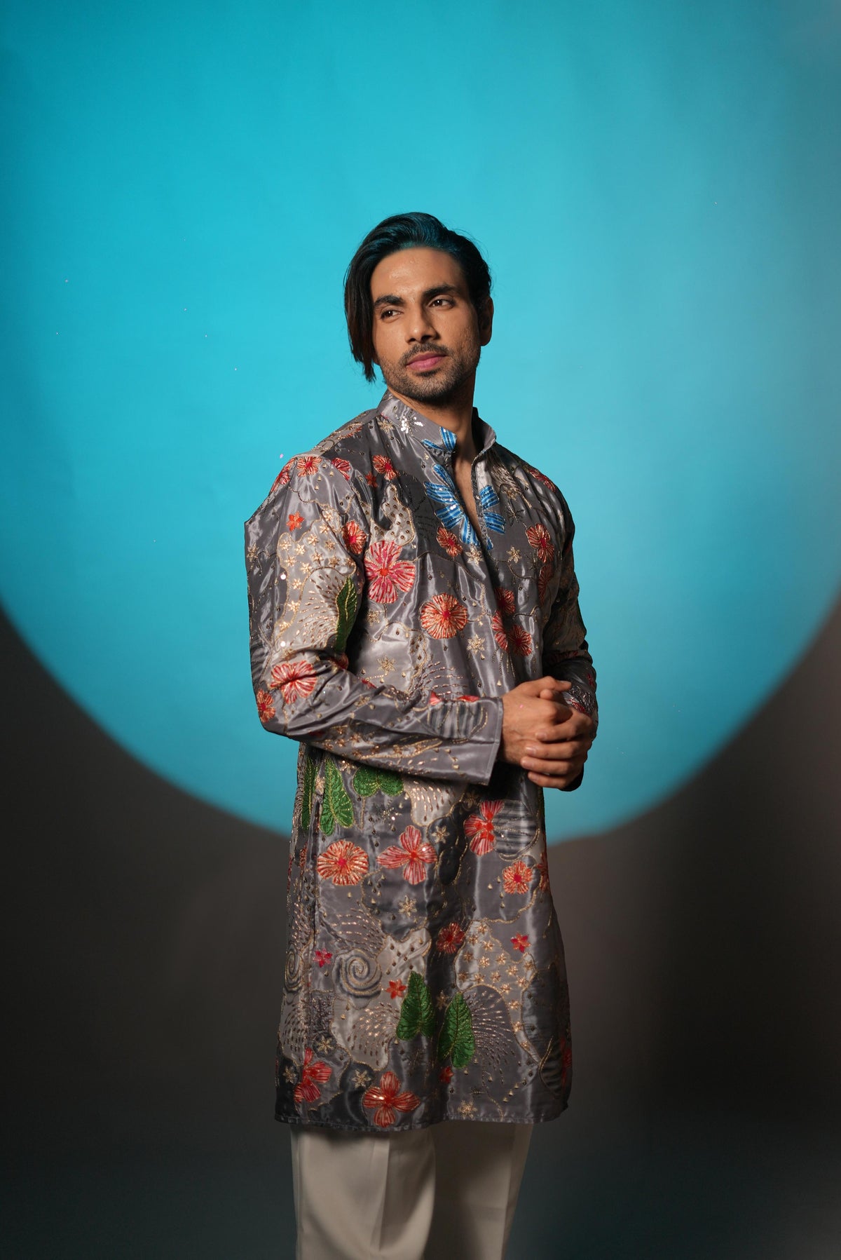 The Vedant Embroidered Kurta (Slate Graphite)