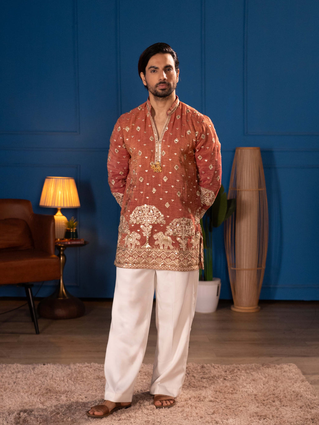The Adhiraj Embroidered Kurta Set (Rust Terracotta & Gold zari)
