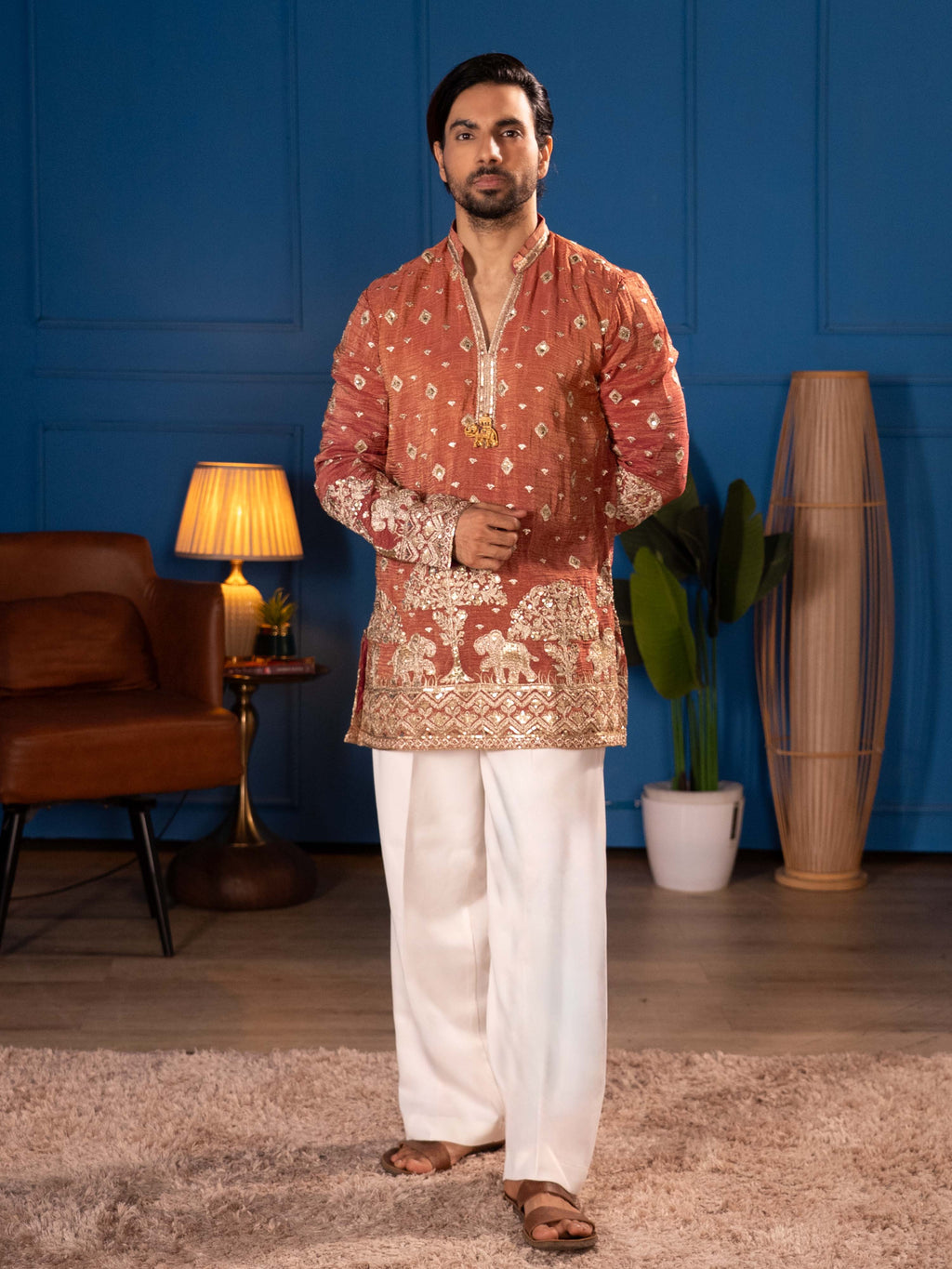 The Adhiraj Embroidered Kurta Set (Rust Terracotta & Gold zari)