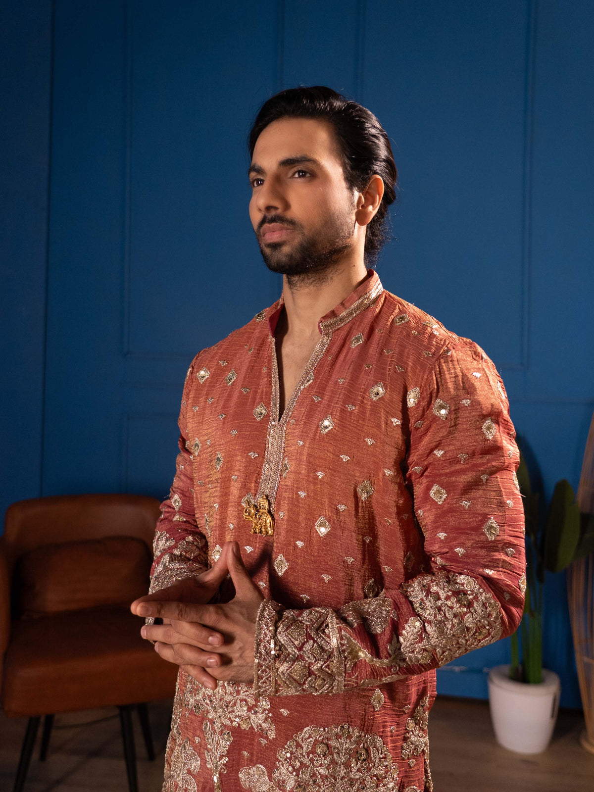 The Adhiraj Embroidered Kurta Set (Rust Terracotta & Gold zari)