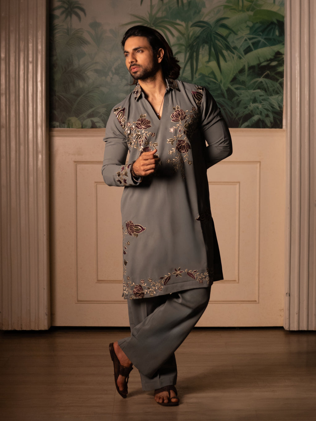 The Rivaayat Embroidered Kurta Co-Ord Set(Slate Taupe & Wine)