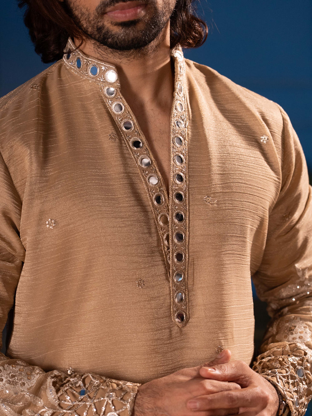 The Samrat Embroidered Kurta Set (Champagne Gold).