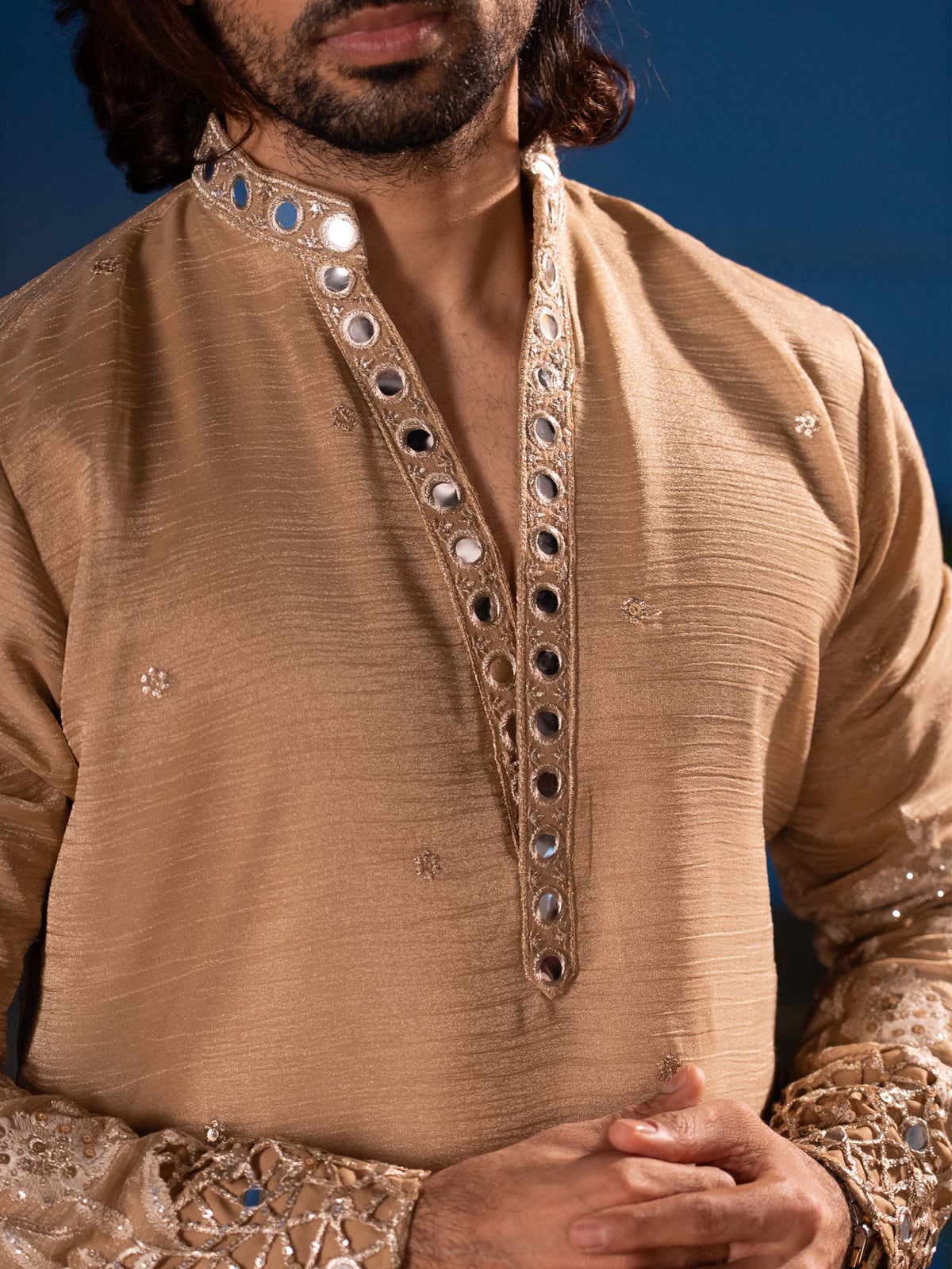 The Samrat Embroidered Kurta Set (Champagne Gold).