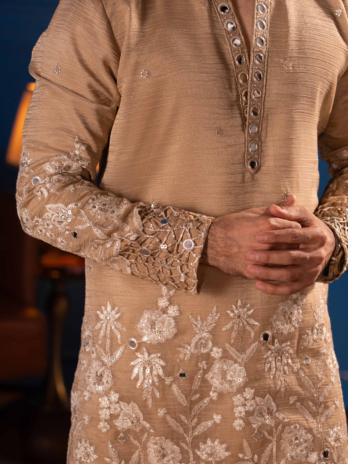 The Samrat Embroidered Kurta Set (Champagne Gold).