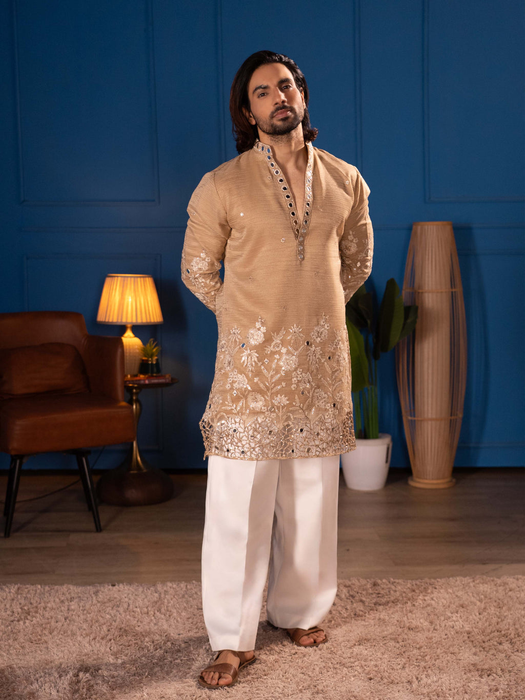 The Samrat Embroidered Kurta Set (Champagne Gold).