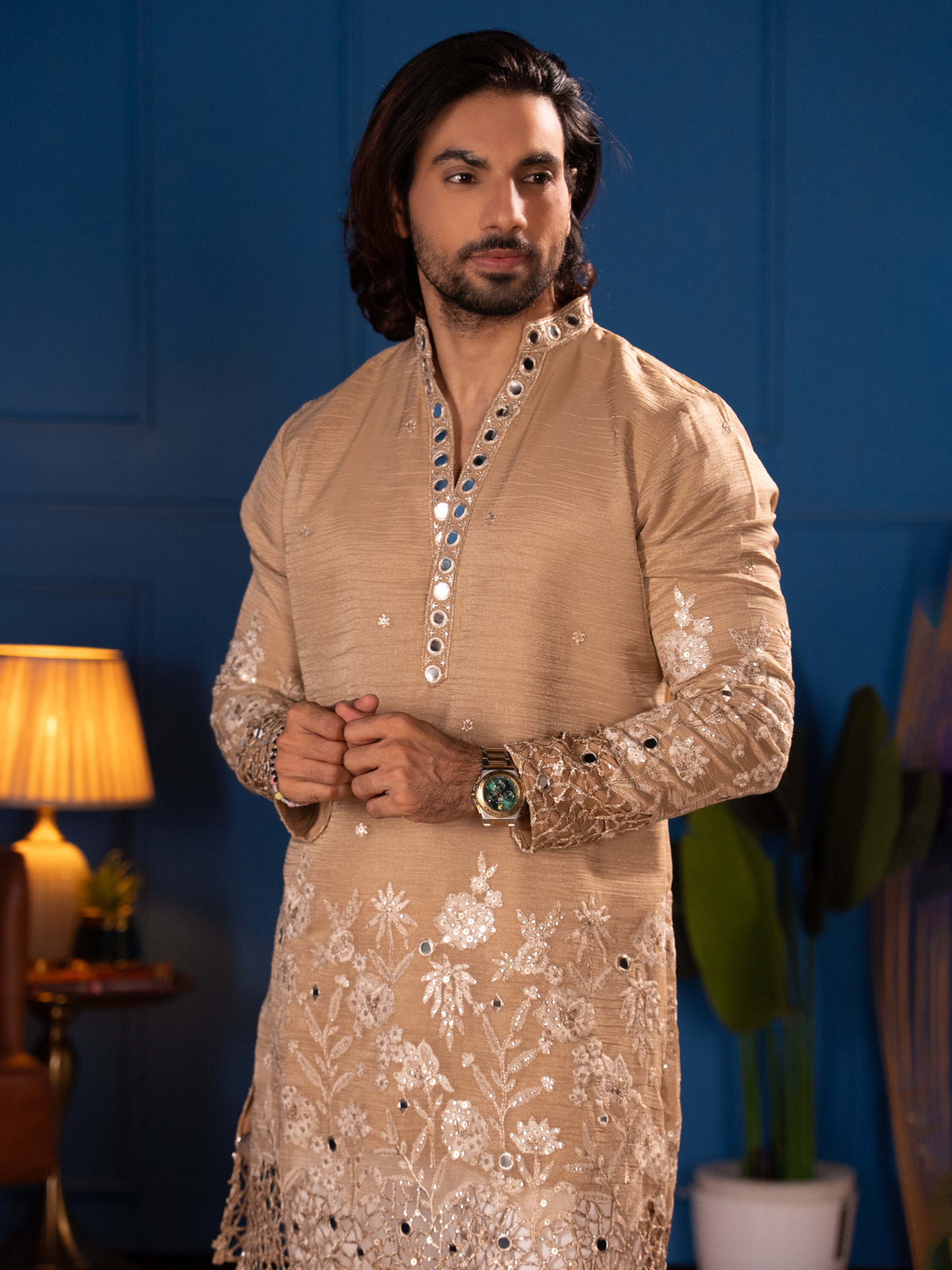 The Samrat Embroidered Kurta Set (Champagne Gold).