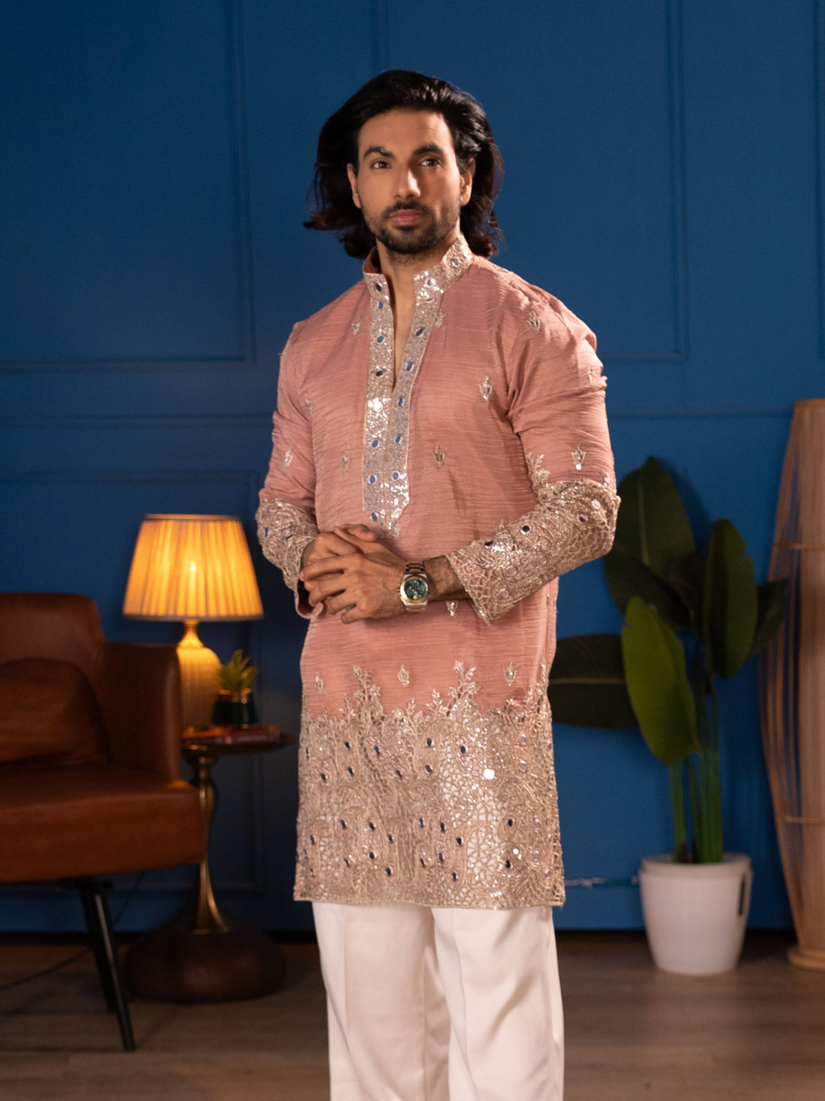 The Samrat Embroidered Kurta Set(Dusty Rose)