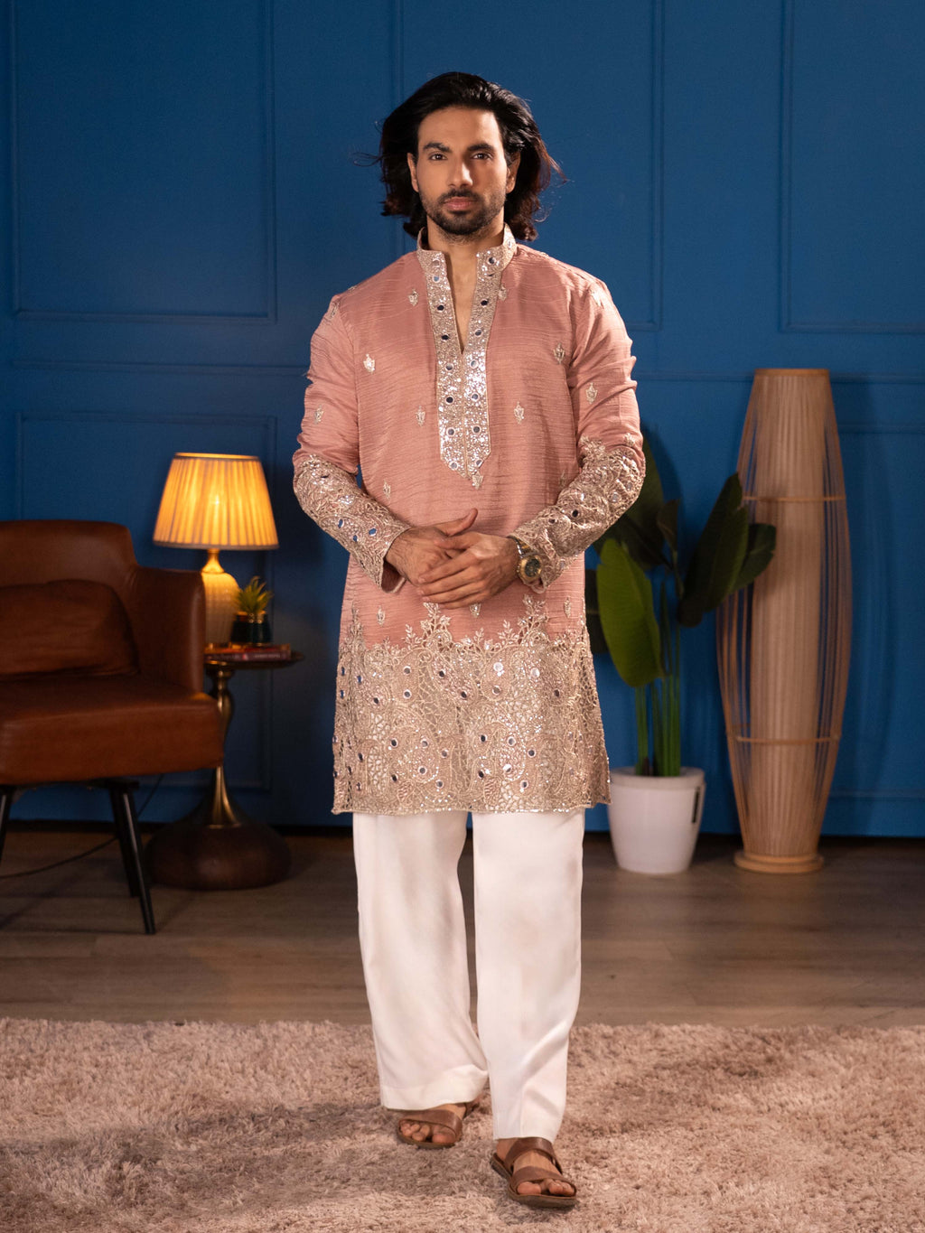 The Samrat Embroidered Kurta Set(Dusty Rose)