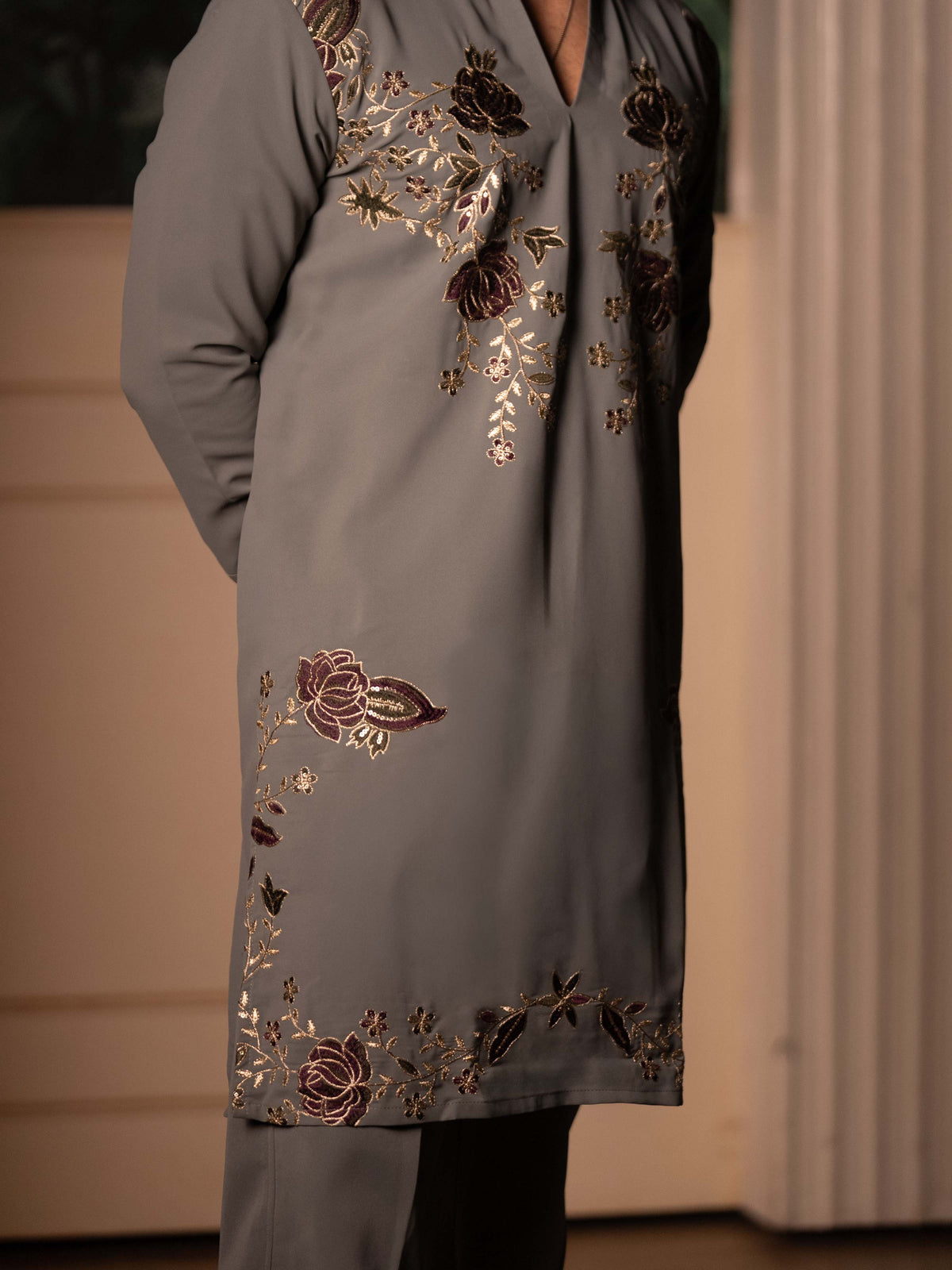 The Rivaayat Embroidered Kurta Co-Ord Set(Slate Taupe & Wine)