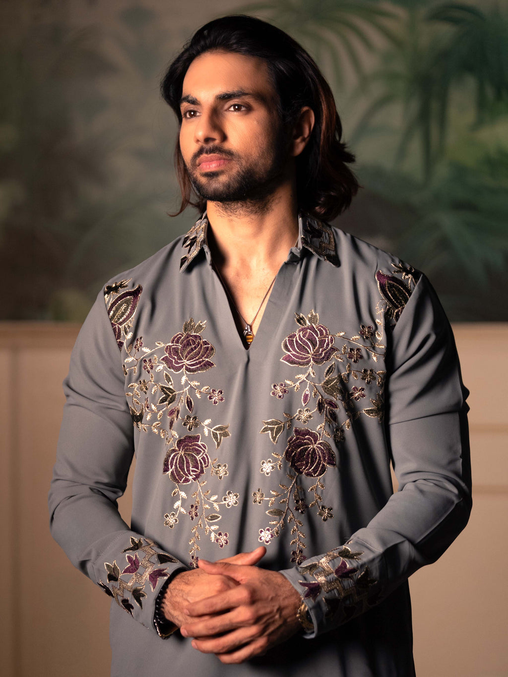 The Rivaayat Embroidered Kurta Co-Ord Set(Slate Taupe & Wine)