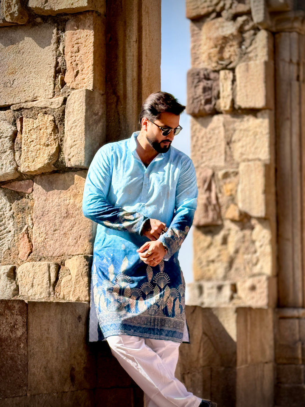 Shaded Blue Printed Plus Embroidered Kurta