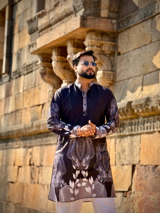 Black Premium Linen Printed Kurta