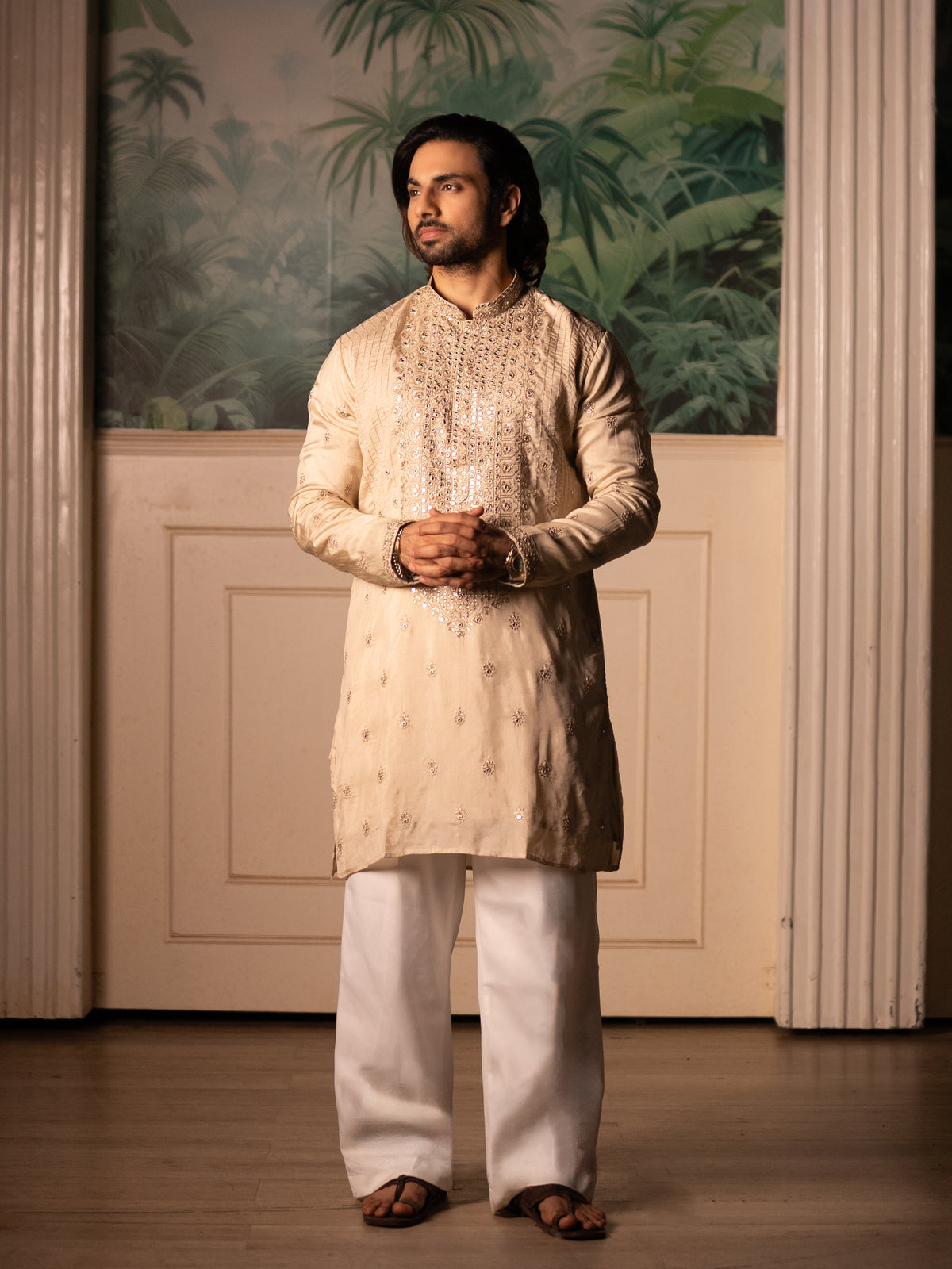 The Arya Embroidered Kurta Set (Champagne Ivory)