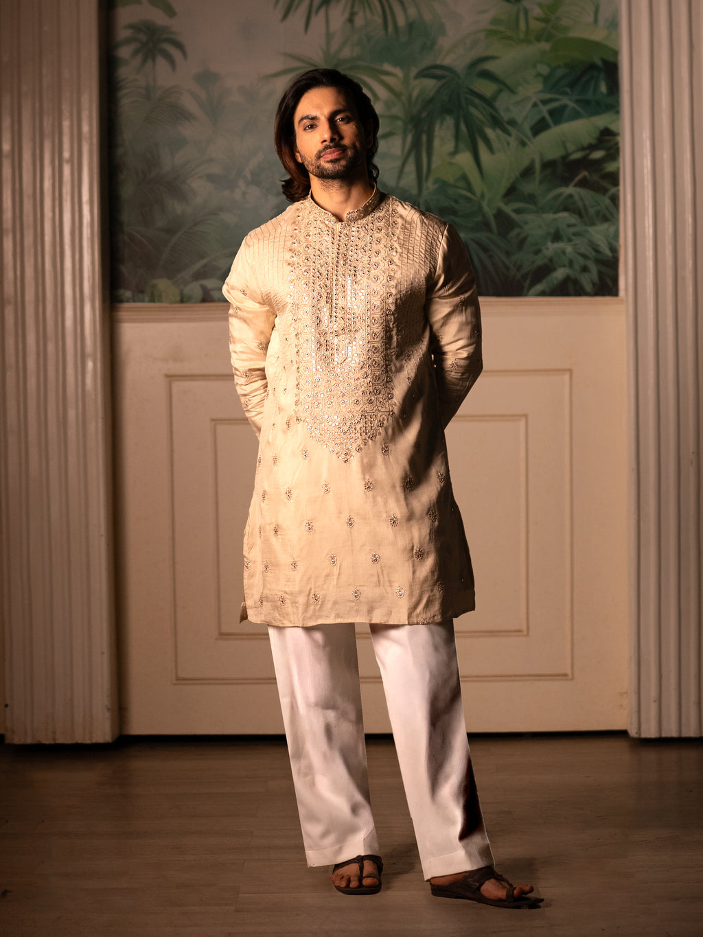 The Arya Embroidered Kurta Set (Champagne Ivory)