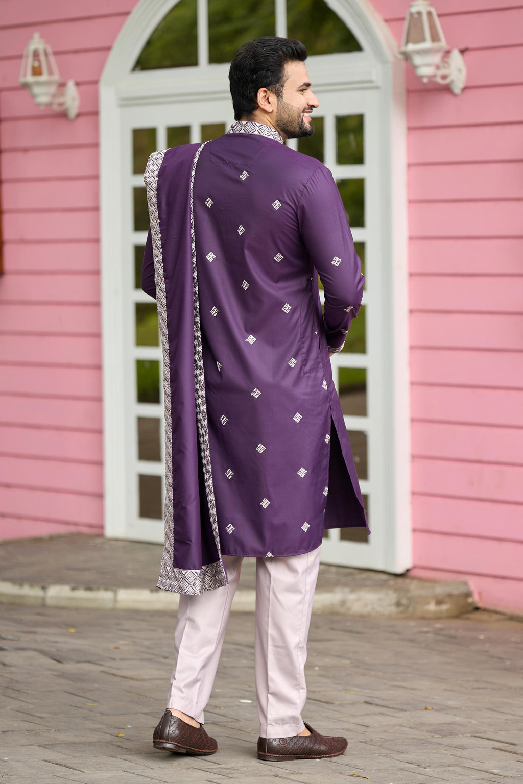 Plum Purple Embroidered Kurta with Dupatta and Pant Set