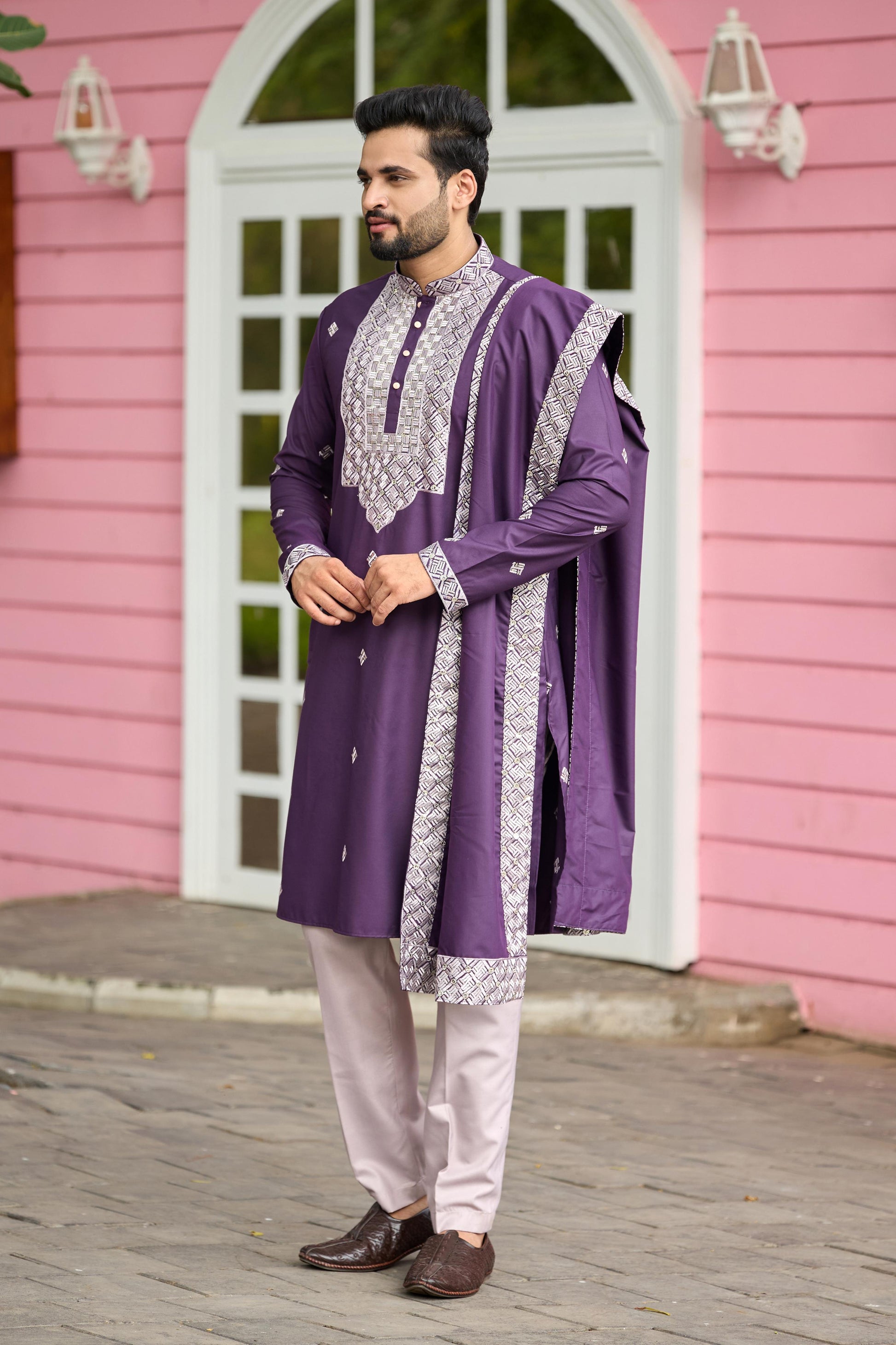 Plum Purple Embroidered Kurta with Dupatta and Pant Set