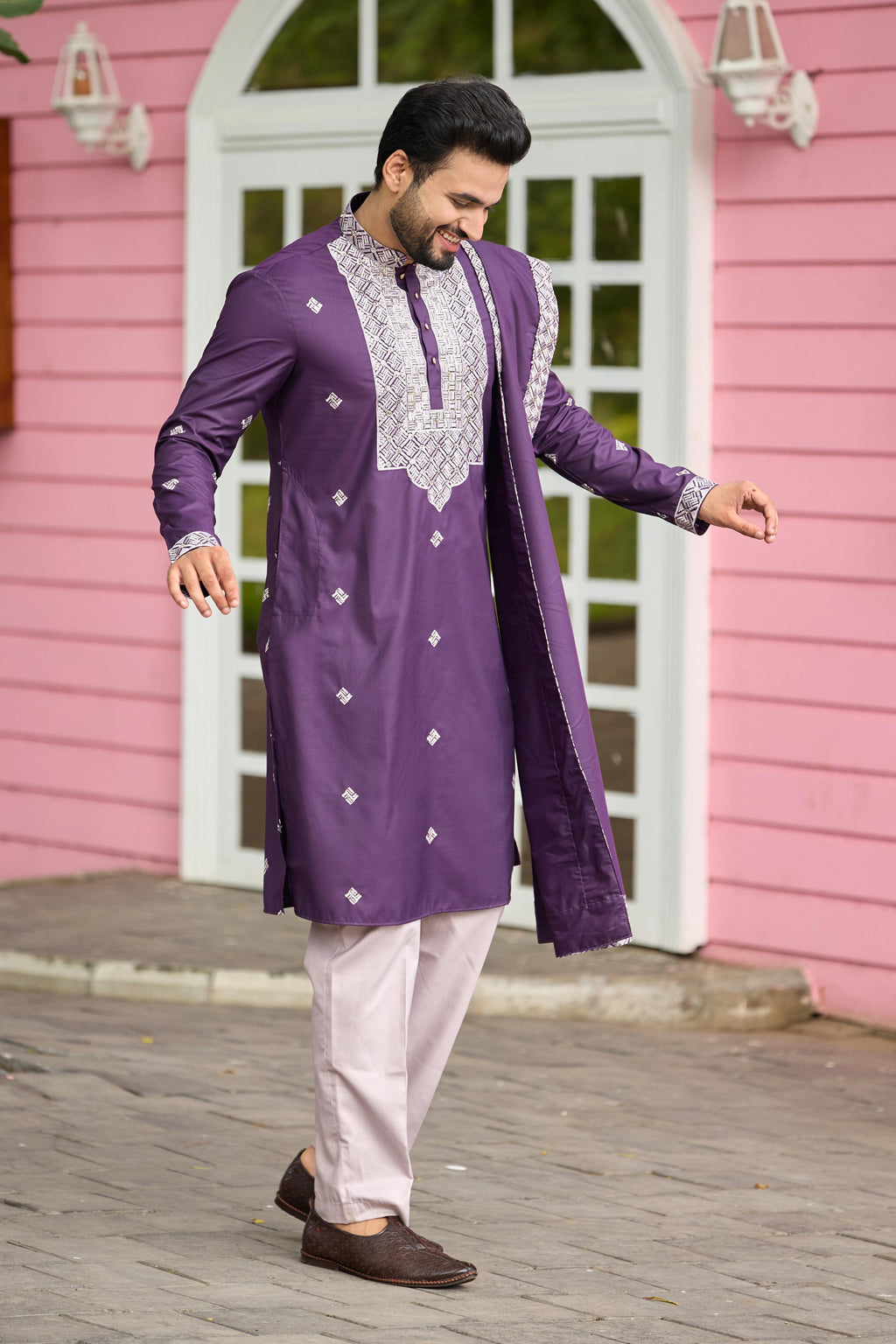 Plum Purple Embroidered Kurta with Dupatta and Pant Set