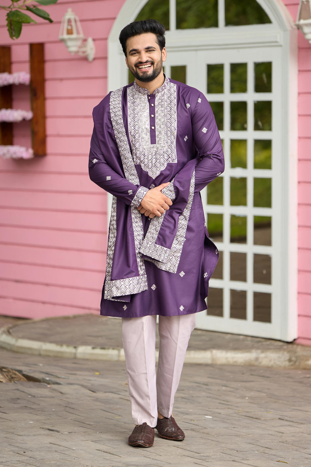 Plum Purple Embroidered Kurta with Dupatta and Pant Set