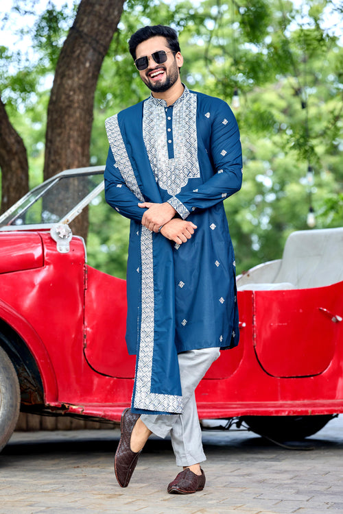 Teal Blue Embroidered Kurta with Dupatta and Pant Set