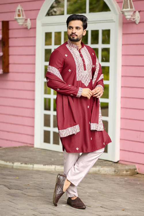 Maroon Embroidered Kurta with Dupatta and Pant Set